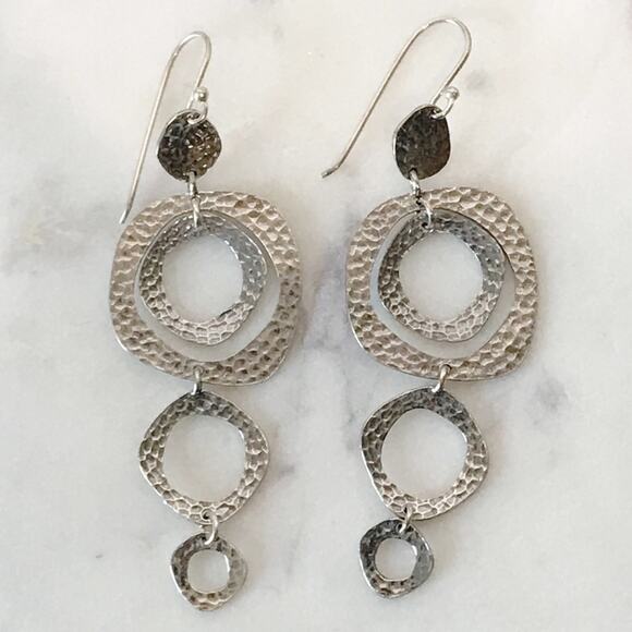 Signed M Sterling Silver 3in Long Dangle Drop Hammered Abstract Circle Earrings - Picture 8 of 14